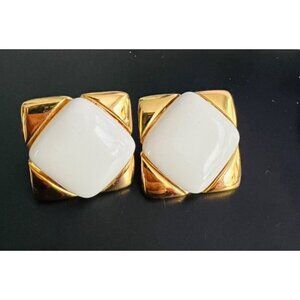 Vintage Napier Gold & White Clip-On Earrings Square Retro
